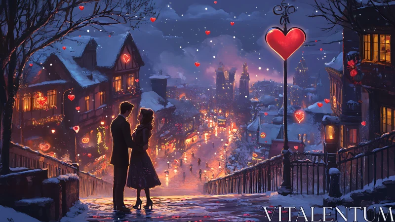 Couple Overlooking Winter City with Heart Motifs