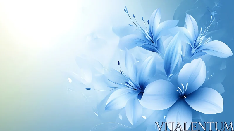 Blue flowers rendered with gradient shading and soft atmospheric effects.