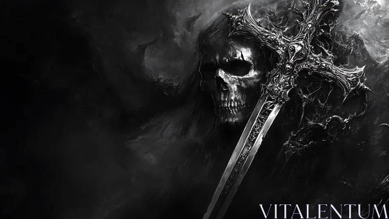 Grim skull sentinel guarding an ornate cursed greatsword.