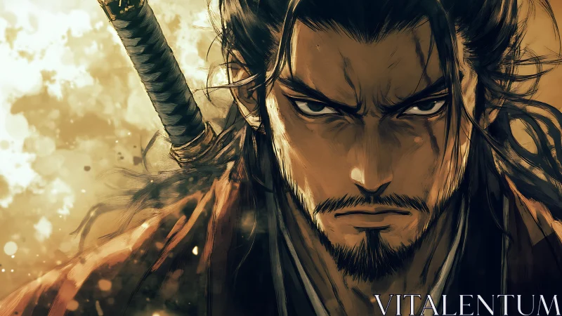 Storm-eyed samurai meets the viewer with unshakable resolve