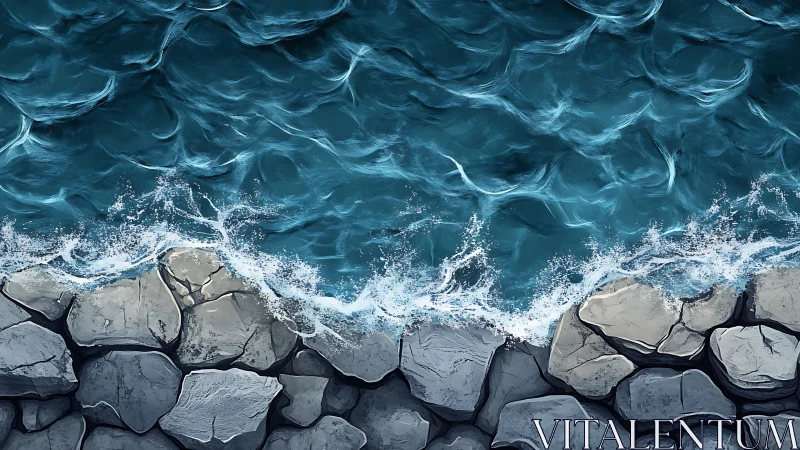 Digital depiction shows waves breaking against coastal rocks