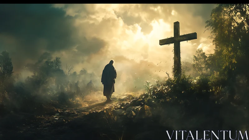 Lone pilgrim crossing dawnlit path toward weathered cross.
