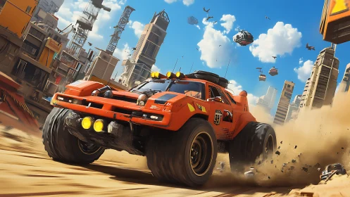 Futuristic desert rally truck drifting through vertical cityscape