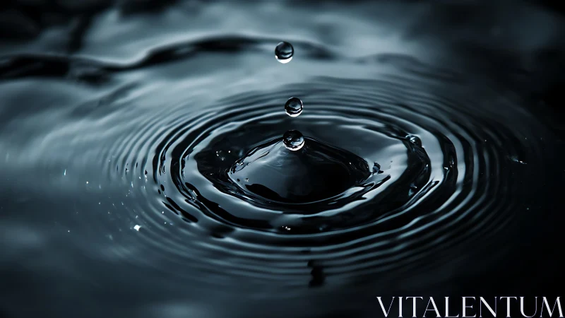 Single water droplet falls into dark reflective ripples