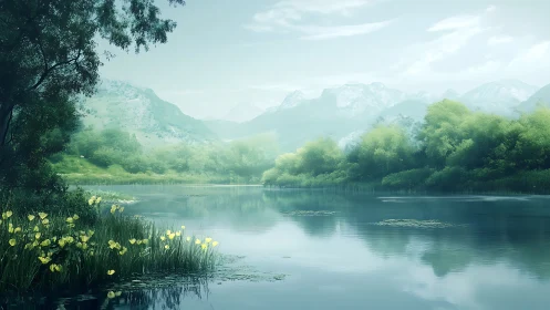 Mountain lake landscape with trees, lilies, and reflections.