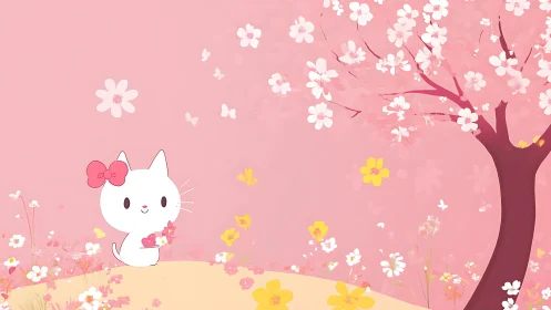 Minimalist anime kitten under stylized cherry blossom tree.