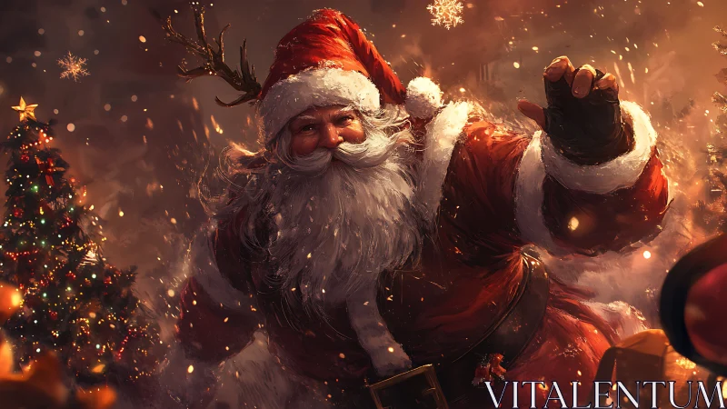 Santa figure in red suit moves through warm lit snowfall