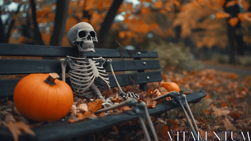 Skeleton rests on park bench amid pumpkins and autumn leaves.