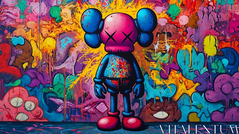 Graffiti-splashed cartoon figure stands before dense neon drip wall