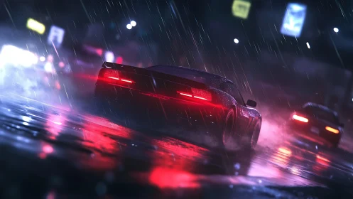 Rain-soaked street racers emit neon reflections and motion blur