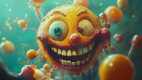 Grotesque citrus mascot rendered in hyperreal 3D caricature