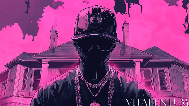 Neon magenta silhouette rapper before suburban gabled house.