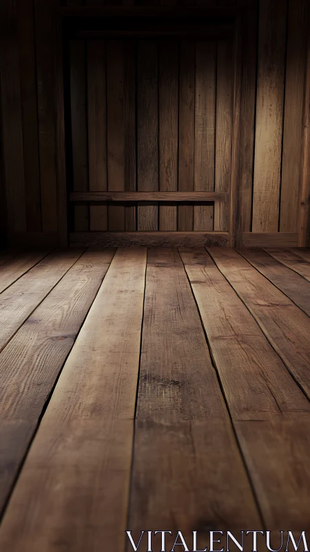 Weathered wooden floor extends toward shadowed wall backdrop.