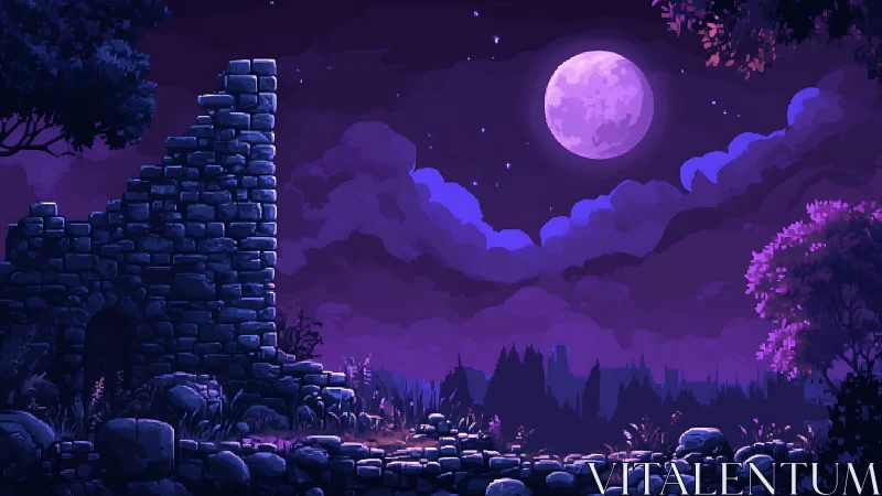 Moonlit ruin and lavender clouds above quiet pixel wilds.