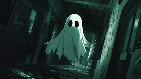 Sheeted ghost form in deteriorated interior hallway scene.