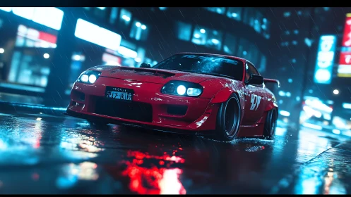 Neon-soaked drift car render on rain-slicked city street at night.
