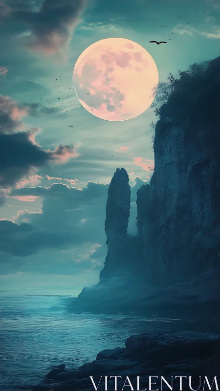 Full moon illuminates tall sea cliffs over calm water