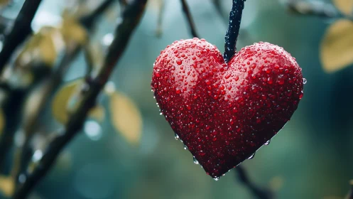 Red heart-shaped object suspended on branch with water droplets.