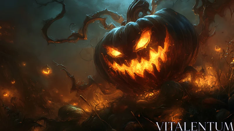 Fiery evil jack o lantern dominates dark haunted pumpkin field.