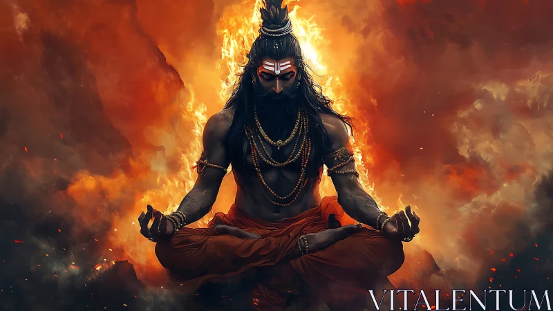 Fiery yogi sits in calm meditation within swirling flames