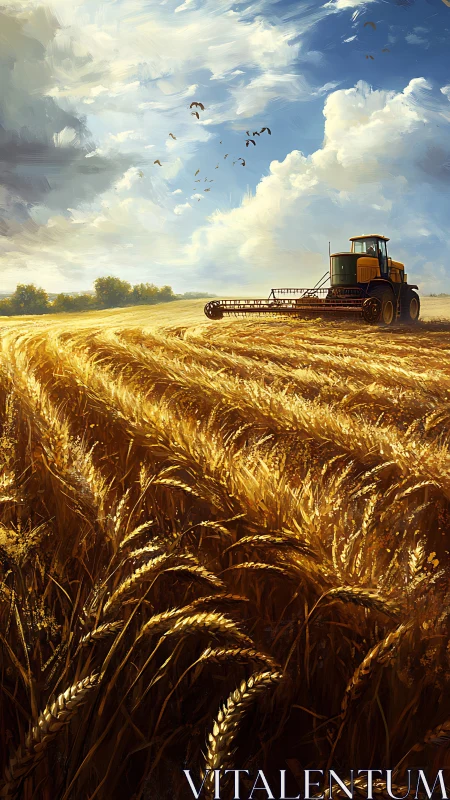 Harvest tractor cuts golden wheat under dynamic sky.