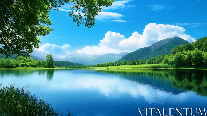 Sky-mirrored mountain lake wrapped in lush emerald silence.