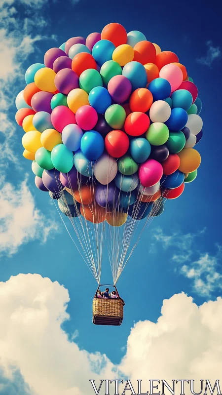 Multicolored balloon cluster lifting wicker basket skyward.