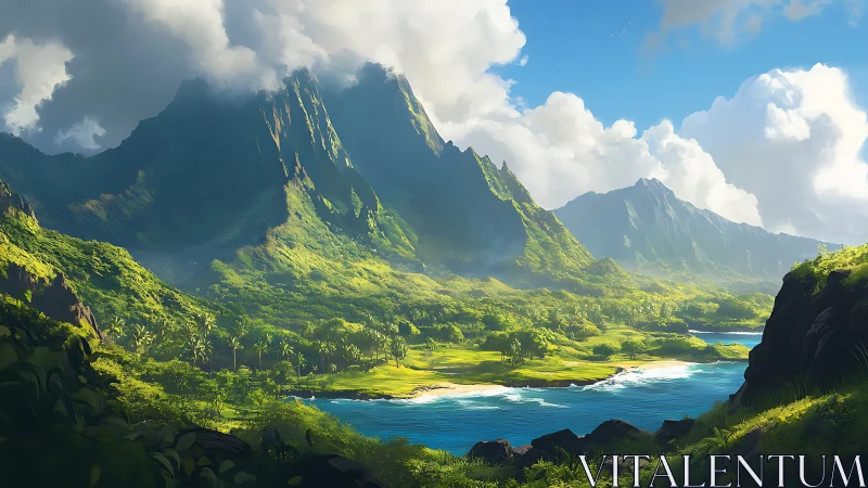 Lush valley with cliff formations and coastal waters.