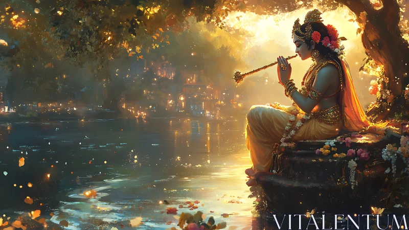 Figure playing flute by riverside under luminous foliage.