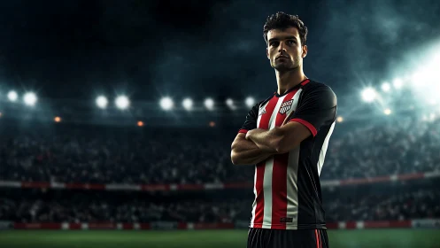 Stadium lights, steady gaze: a calm soccer captain moment.