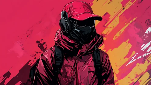 Urban wanderer in blazing red against bold neon streaks.