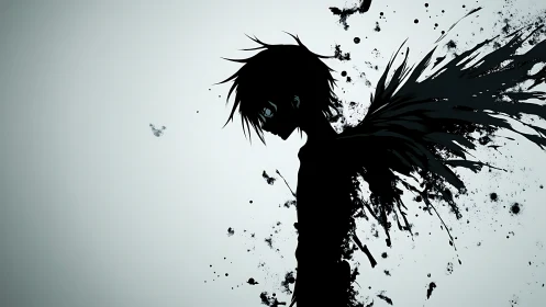 Silhouette figure with ink-like wings dissolving into splatters
