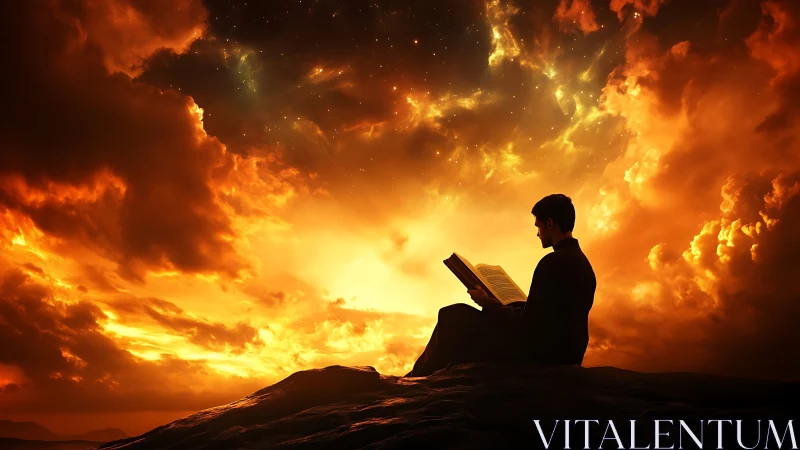 Silhouetted reader studies illuminated book under fiery cosmic sky