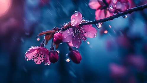 Macro view of pink blossoms with raindrops on branch.