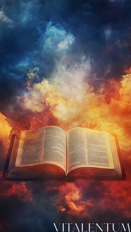 Open illuminated book levitating within high contrast nebula cloud field