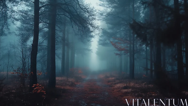 Misty forest pathway with tall trees and diffused light.