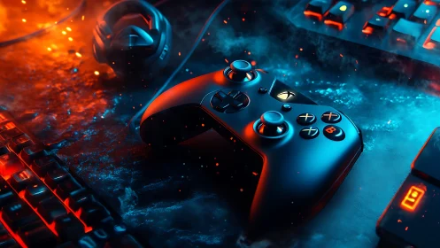 Game controller rests between illuminated keyboard and headset