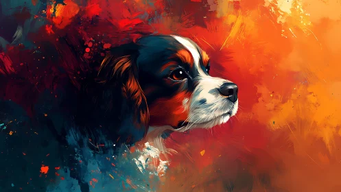 Canine portrait in dual-temperature abstract pigment field.