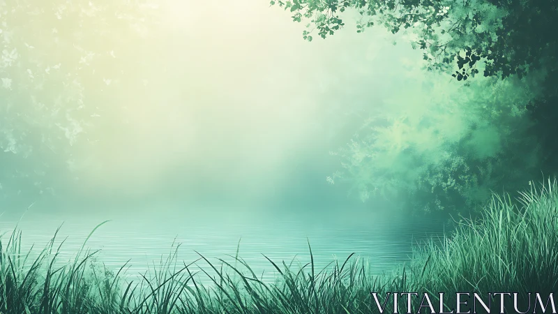 Foggy lakeside shoreline shows still water and dense grass