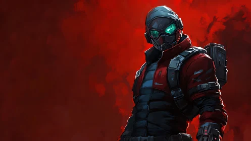 Masked sci fi guardian standing bold in glowing red light.
