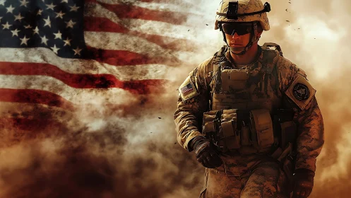 US soldier strides through desert smoke before faded flag.