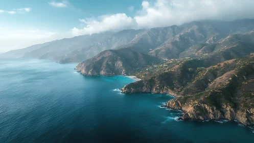 Coastal mountain range with misty ridgelines and cyan wave refraction