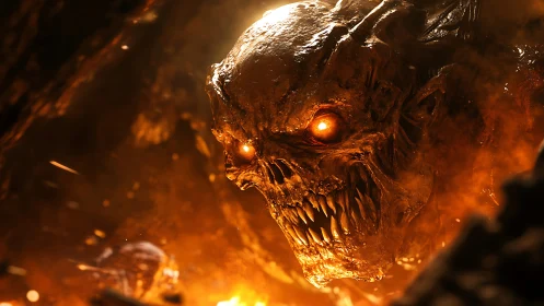 Burning demonic skull creature in fiery cavern environment.
