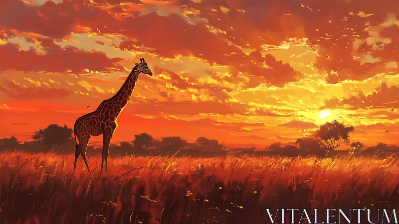 Solitary giraffe in radiative savanna sunset color field.