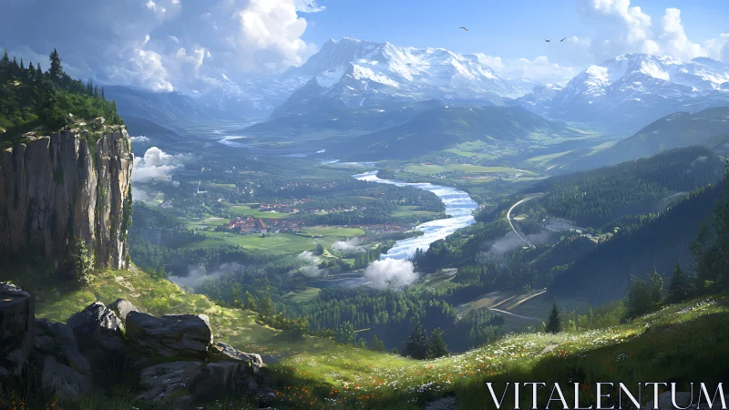 Sunlit mountain valley with winding river and quiet village.