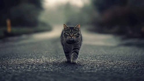 Striped Tabby Cat Walking Centered on Asphalt Road.