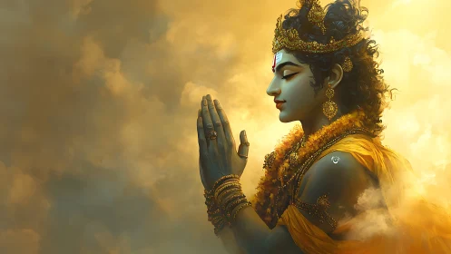 Divine blue-skinned deity in golden clouds, praying serenely.