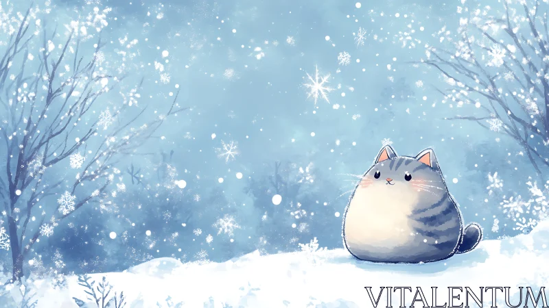 Round gray cat sits in quiet snowy winter landscape.