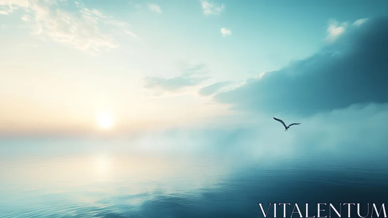 Soft sunrise over calm ocean waters welcomes a lone seabird