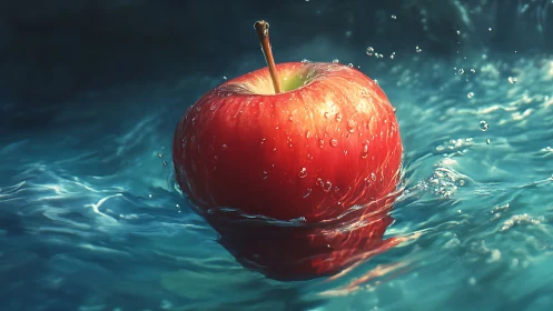 Crimson apple sails through sapphire ripples in sharp focus